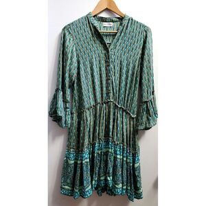 Sea Lustre Dress Babydoll Boho Floral Bud Print Olive/Teal Pockets Tiered Skirt